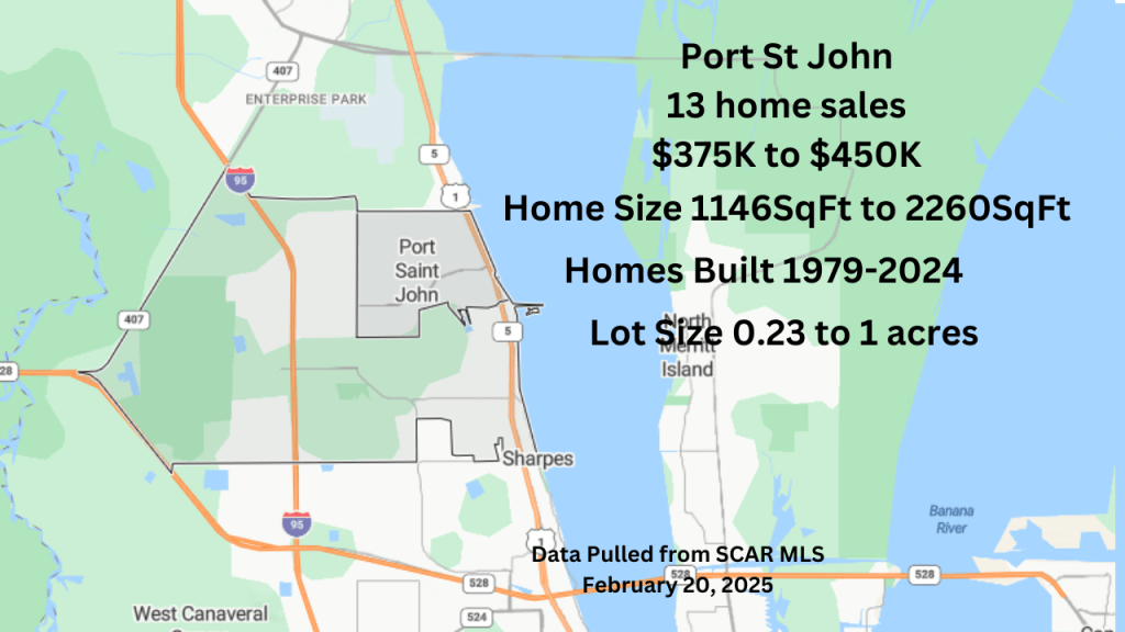 Map view of Port St John Florida. Text overlay has average and median sales info for homes in the $375K to $450K range