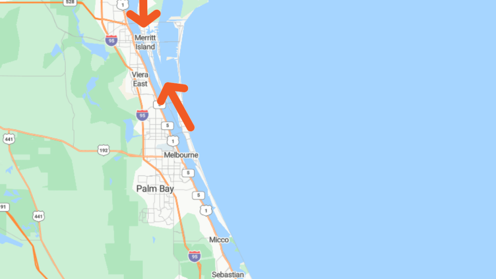 map showing Merritt Island is within 3 miles of the coast