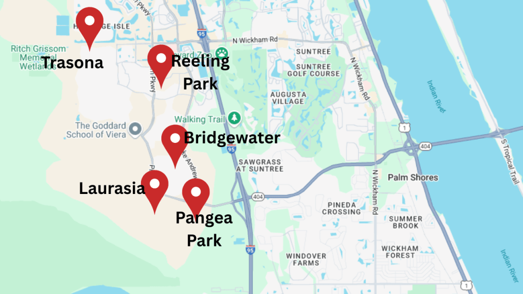 map of the Viera area with pins marking Pangea Park, Laurasia, Bridgewater, Reeling Park, and Trasona.