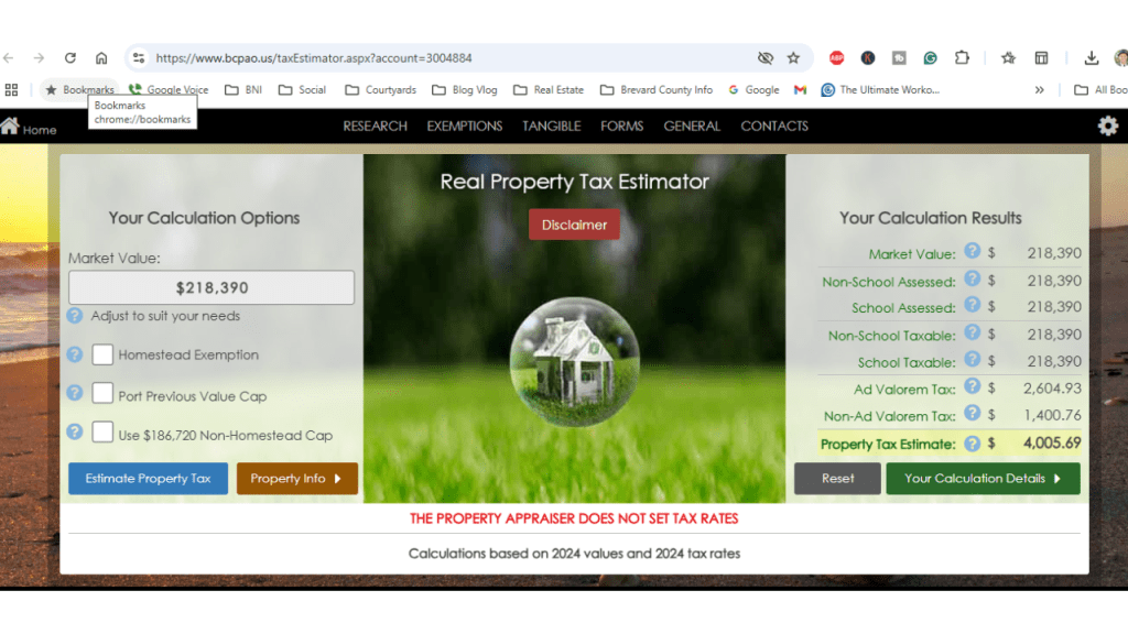 screenshot of the brevard county property appraiser site showing the tax estimator.