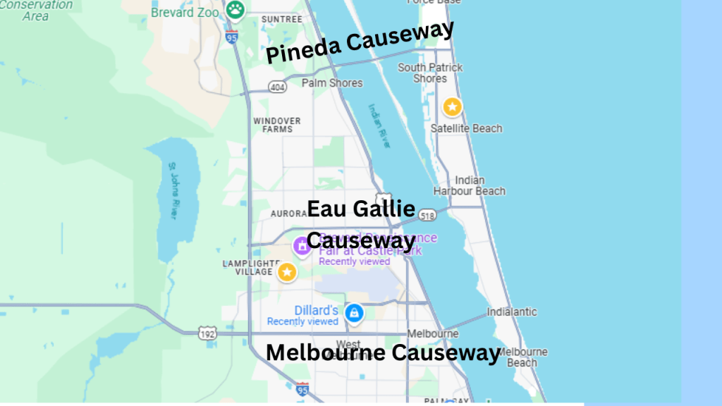 map of Melbourne Florida showiing the 3 causeways that connect to the beach