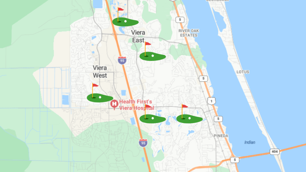 map showing the 5 golf courses in the Viera and Suntree area