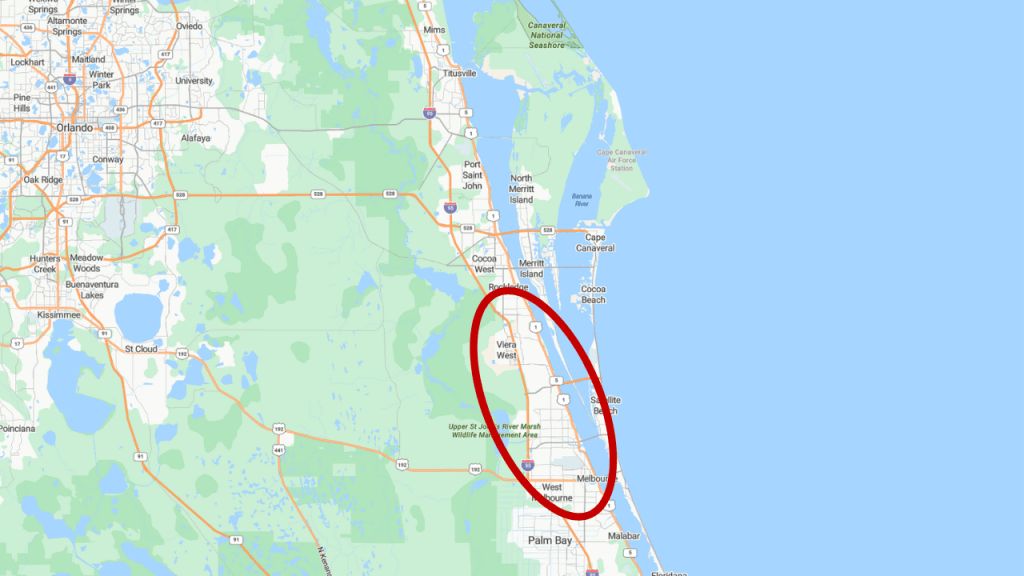 map of brevard county florida with Melbourne circled
