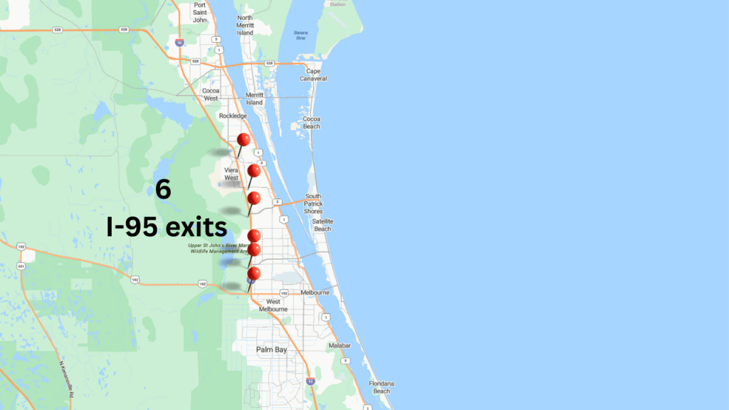 Map of Melbourne showing the 6 exits on i95