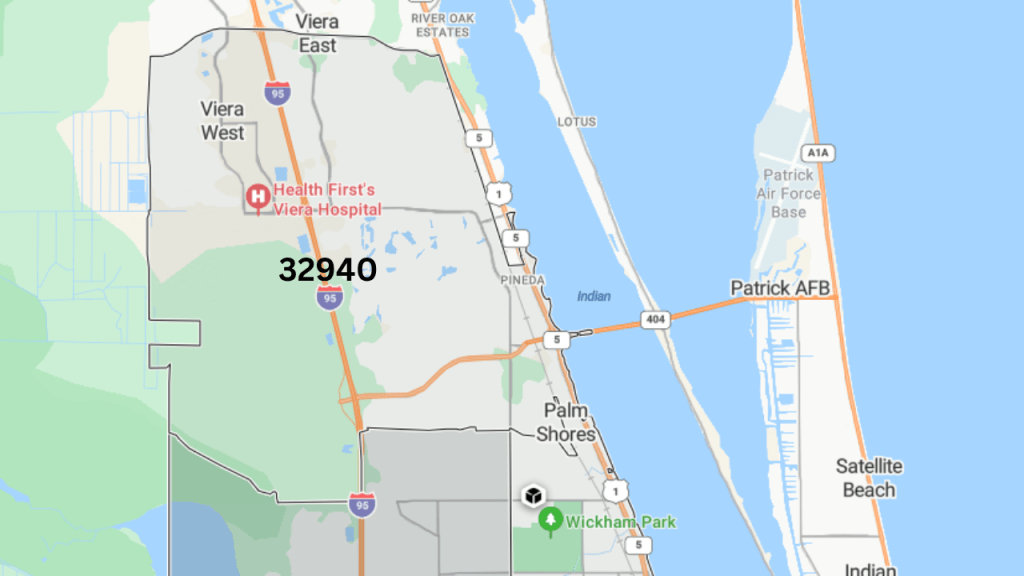 Map showing the 32940 zip code which is the Viera, Suntree, and Baytree area.