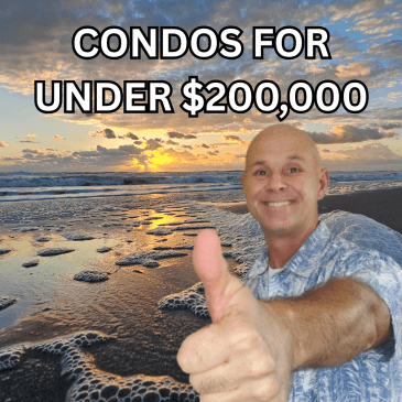 sunrise photo on the beach. bubbles on the wet sand and clouds scattered to the horizon. text overlay condos for under 200K and a photo of eric larkin with his thumb up.