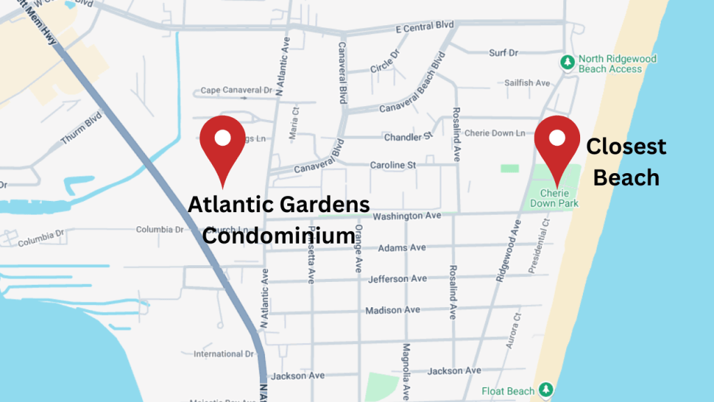 map showing Atlantic Gardens and the closest beach access