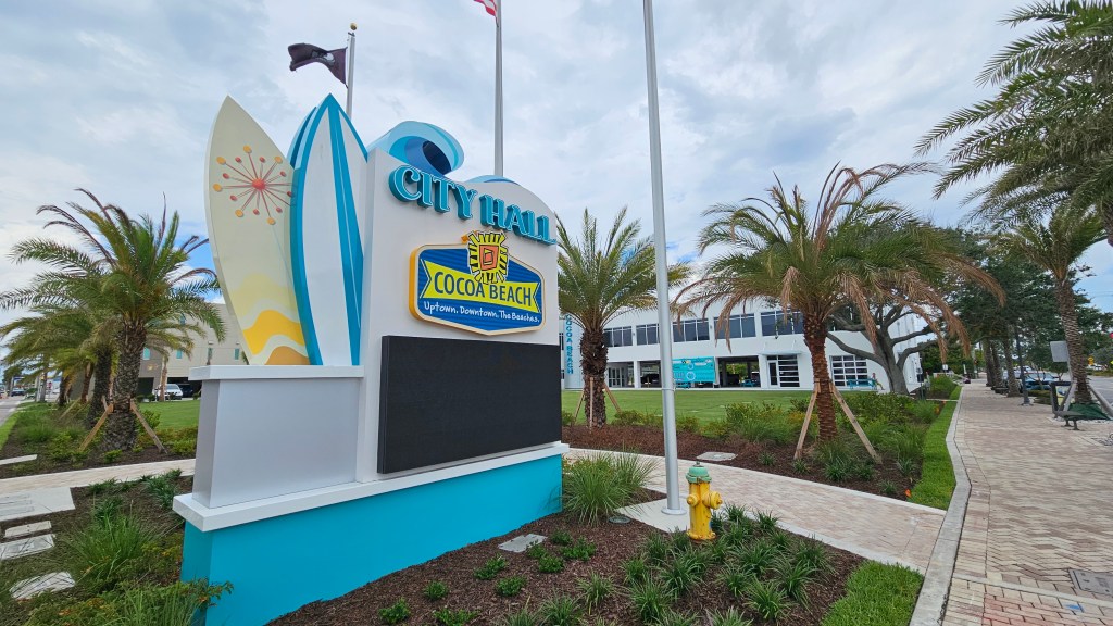 The new sign in front of Cocoa Beach city hall