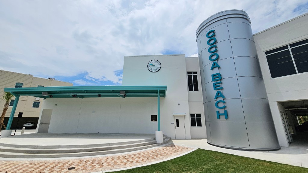 There is a stage on the south side of the building