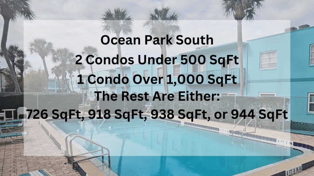 Ocean Park south Pool with text overlay showing the size of the condos