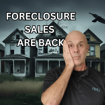 Gray skies and run down homes in the background with the text foreclosure sales are back