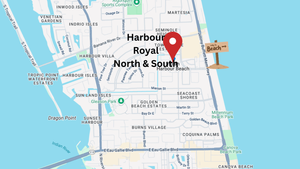 Map showing the location of the Harbour Royal condos and proximity to the beach