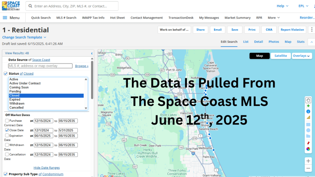 screenshot of the space coast mls showing data was pulled between 12.1.2024 and 5.31.2025