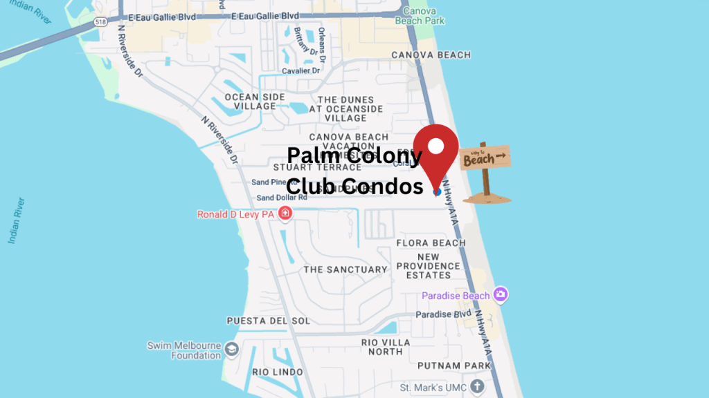 map view showing Palm Colony condos and proximity to the beach
