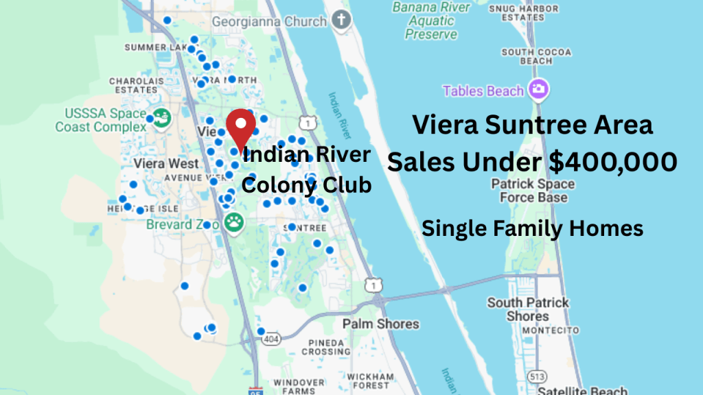 A map of the area with a pin showing the location of the Indian River Colony Club community