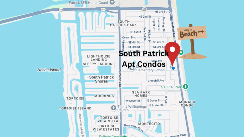 Map showing the location of the South Patrick Apt Condos and beach