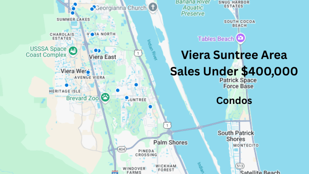 map of the Viera area showing the location of the condos that sold under $400K between 12.1.2024-5.31.2025