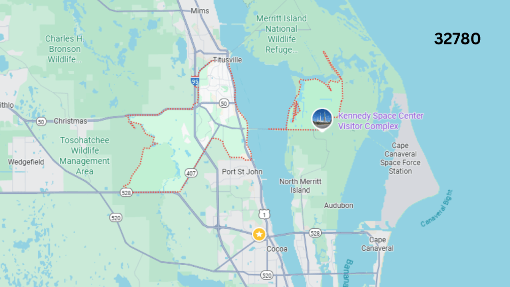 map of Titusville with the 32780 outlined in red.