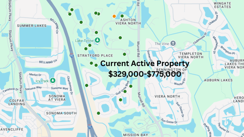 Map showing the current active properties in Viera East golfing community as of 7.8.2025
