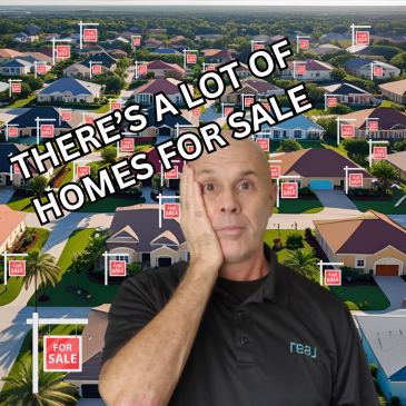 Eric Larkin in the front with text overlay saying there are a lot of homes for sale. in the background is a subdivision with for sale signs in front of almost every home