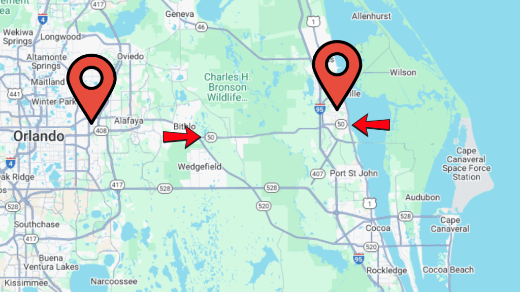 map showing the proximity of titusville to east orlando