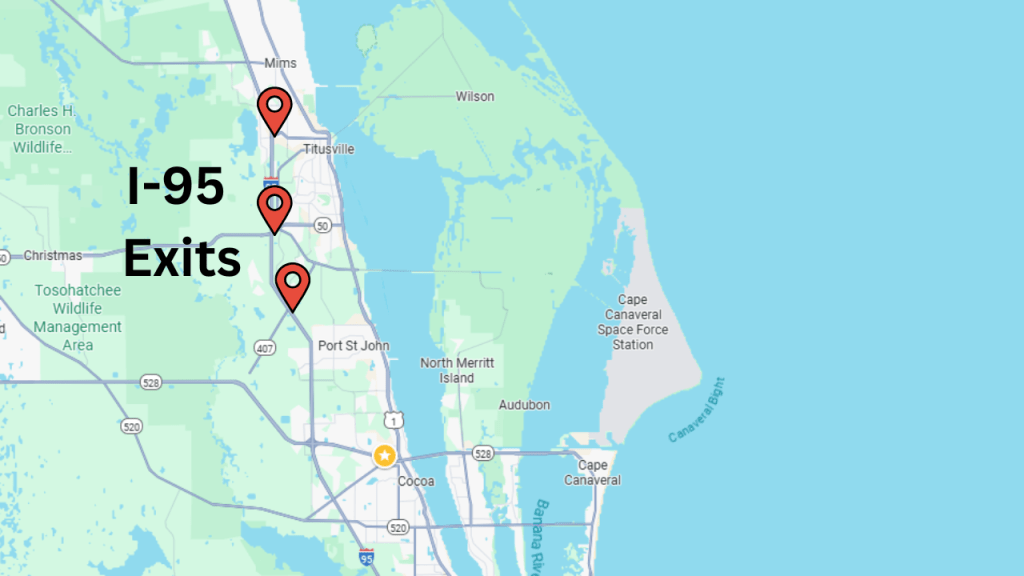 map showing the 3 titusville exits on I-95