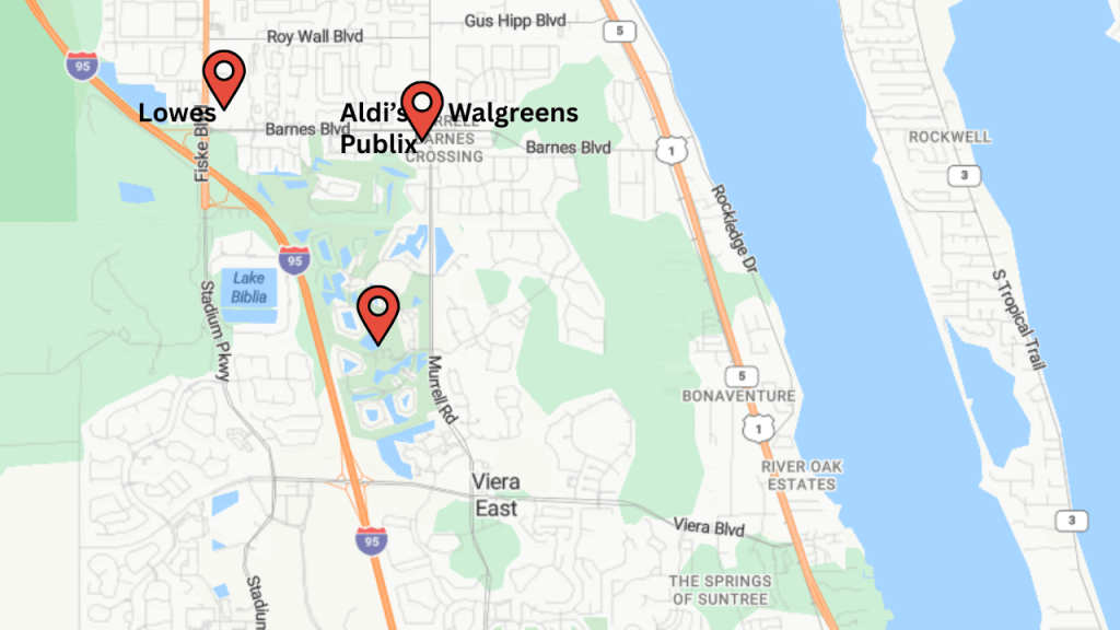 map of Viera East showing shopping to the north of the Viera East golfing community