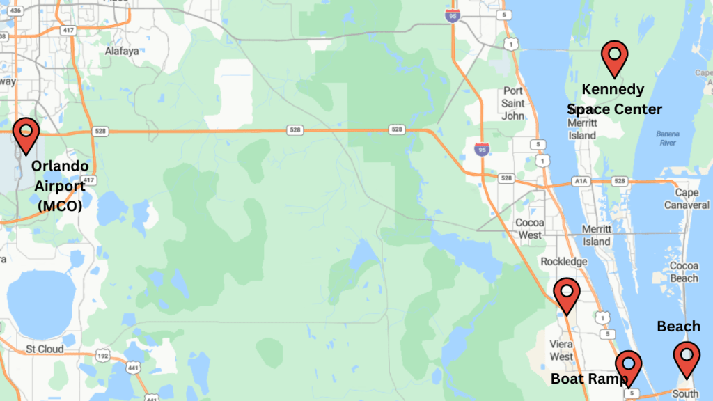 map showing the location of the viera east golfing community and proximity to the beach, kennedy space center, and the Orlando airport