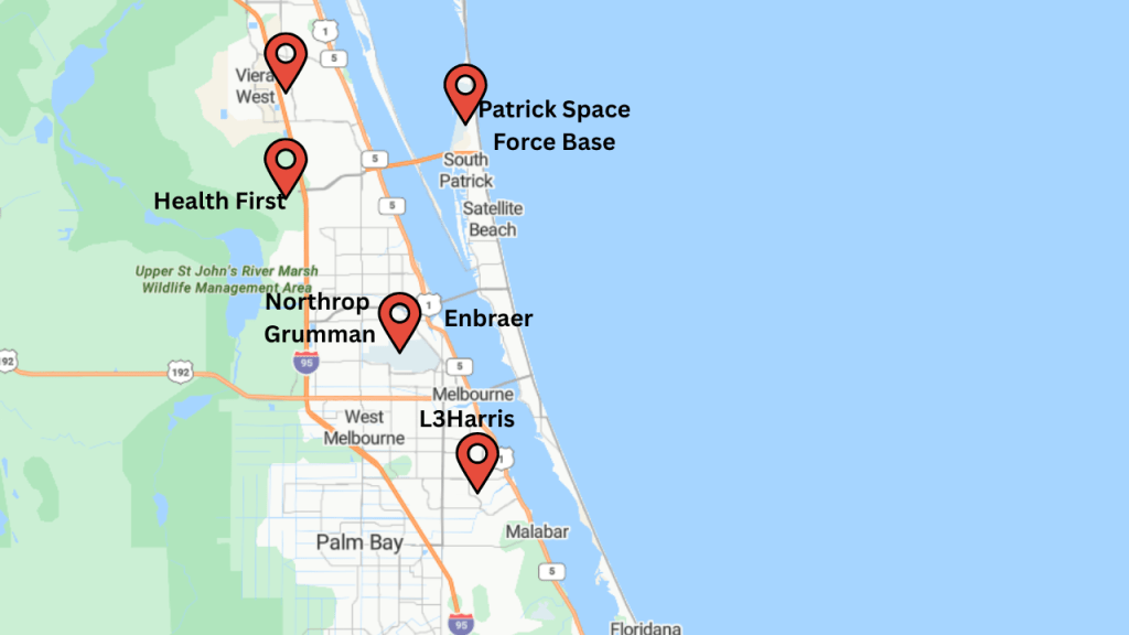 Map showing the location of Viera east golfing community and proximity of some of the larger employers
