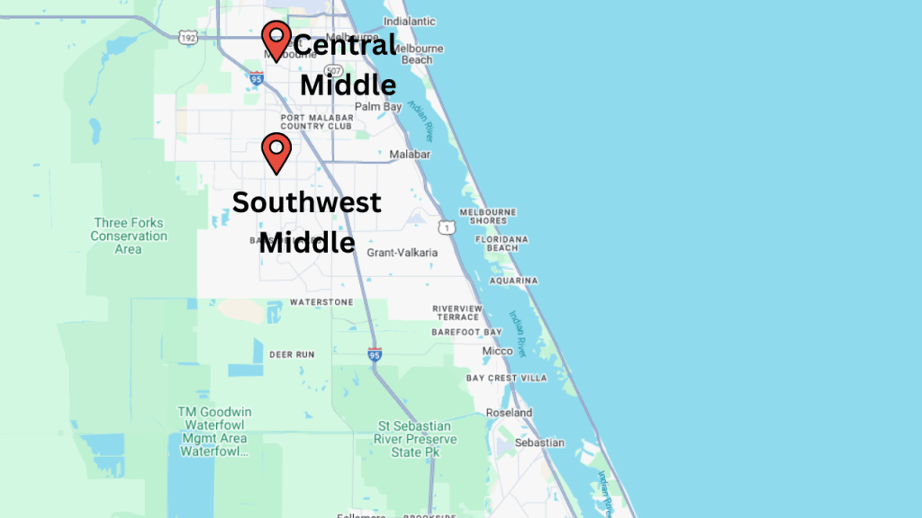 map of Palm Bay showing the 2 middle schools