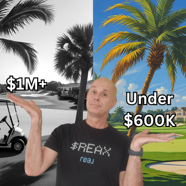 a black and white photo of a golf course on the left and a color photo on the right with text overlay.