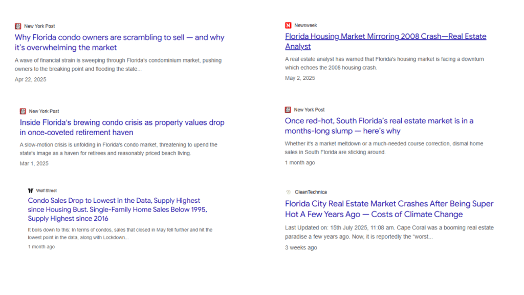 screenshots of headlines about the florida condo market