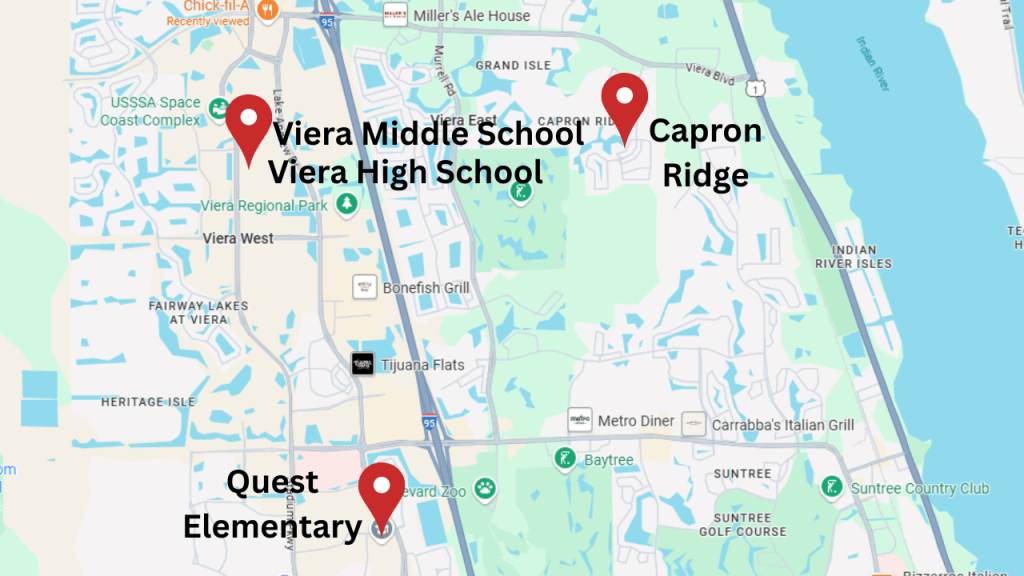 Map showing Capron Ridge, Quest Elementary, Viera middle school, and Viera high school