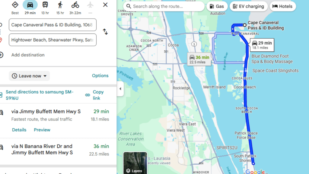map showing the driving distance to the Cape Canaveral Space Force Station