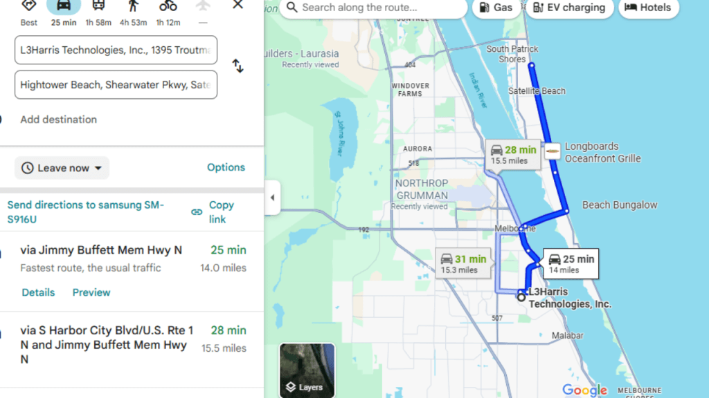 map showing the driving distance to the Melbourne Airport