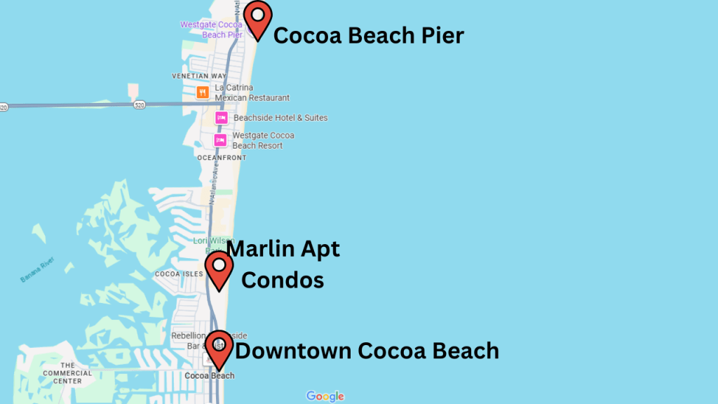map showing distance from the Marlin to either downtown or the Cocoa Beach Pier