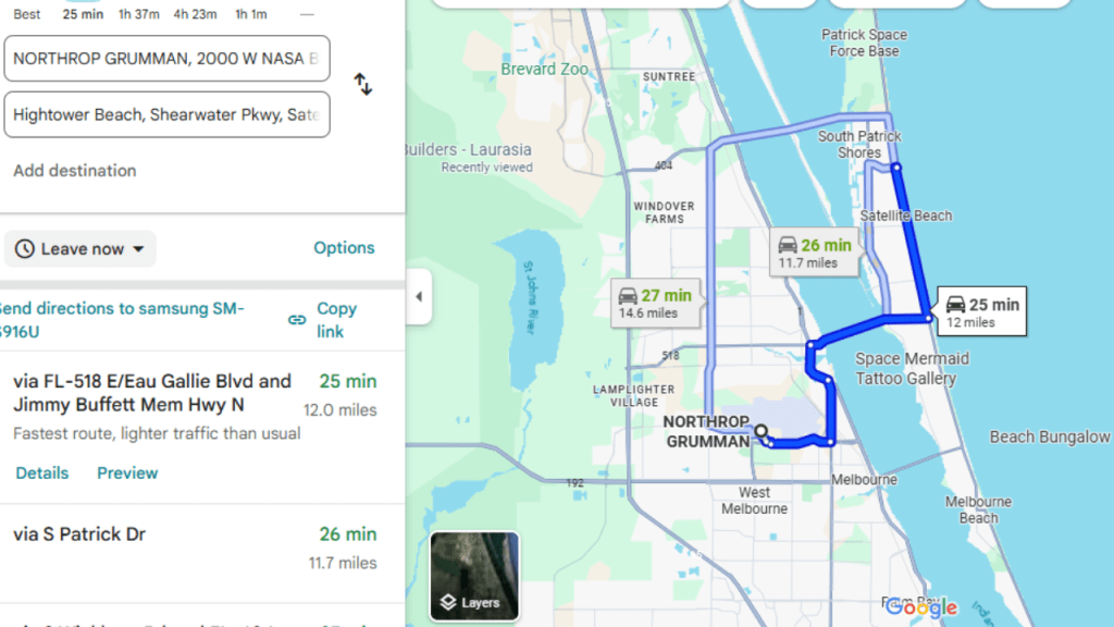 map showing the driving distance to L3Harris