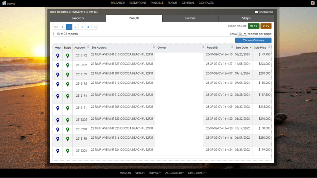 screenshot from the brevard county property appraiser site shhowing the recent sales