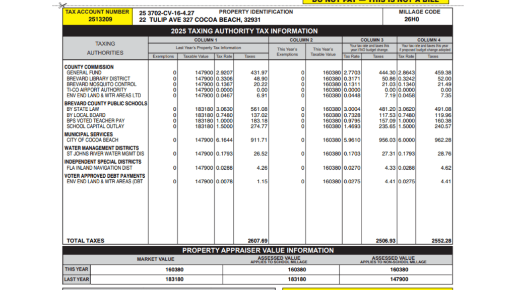 2025 TRIM notice showing the property tax proposal for one of the units at the marlin
