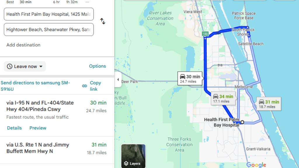 map showing the driving distance to the Health First Hospital in Palm Bay
