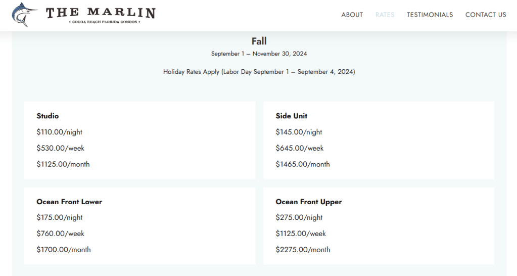 screenshot of the marlin website showing the fall rates