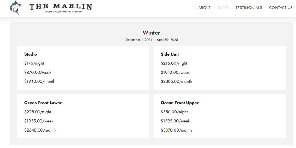 screenshot of the marlin website showing the winter rates