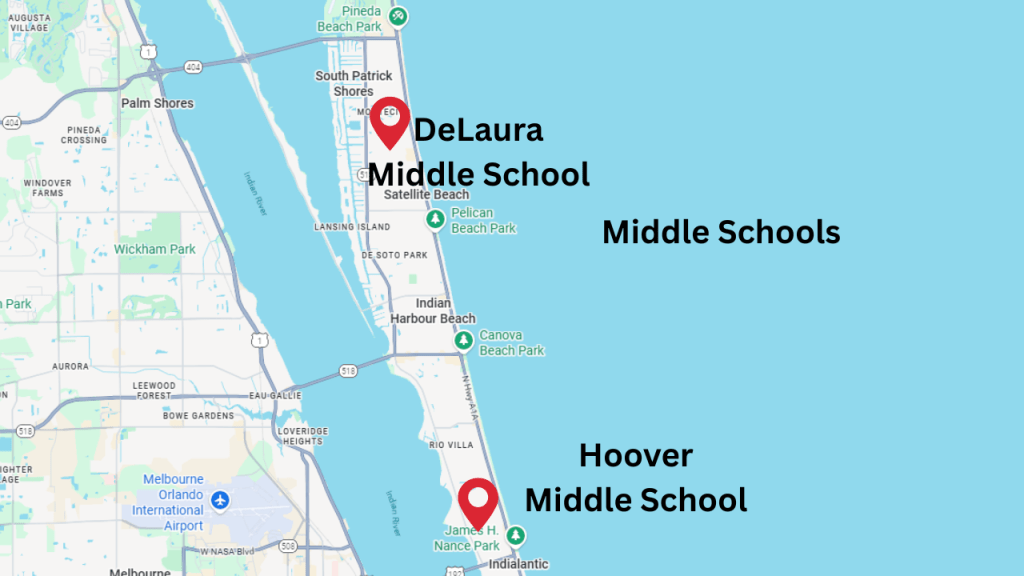 map showing the location of the middle schools for Satellite Beach and Indian Hrbour beach