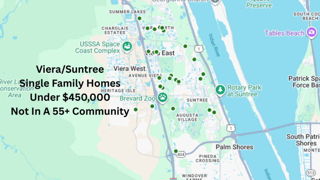 map view of the active single family homes in the space coast mls that are not in a 55+ community and priced under $450K in the Viera area