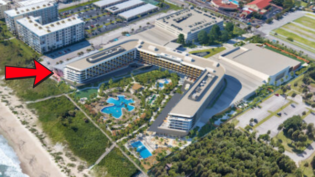 artist rendition of the westin with an arrow pointing to the Marlin Condos