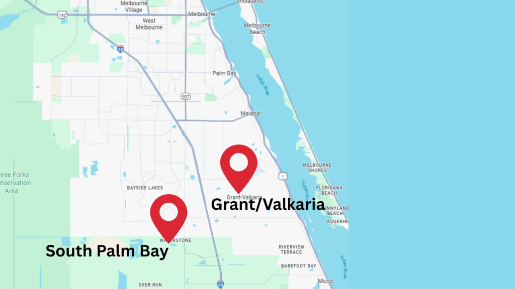map of south Brevard County with pins in south Palm Bay and Grant/Valkaria