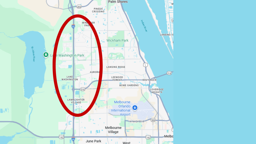 map of Melbourne Florida circling I95 near the Eau Gallie Causeway