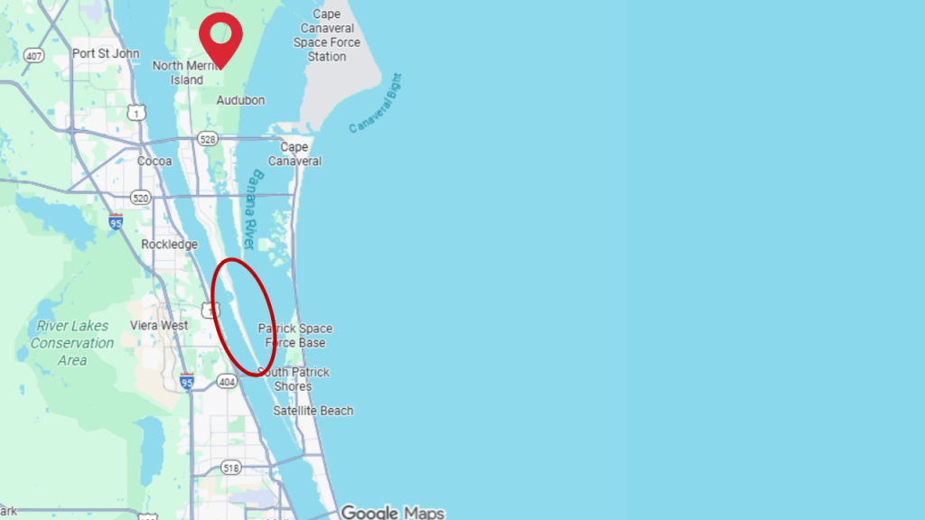 Map of Merritt Island with a pin in North Merritt Island and circling the southern section of Merritt Island