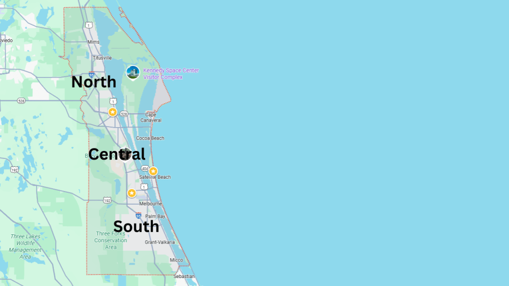 map of Brevard showing the north, central, and south sections