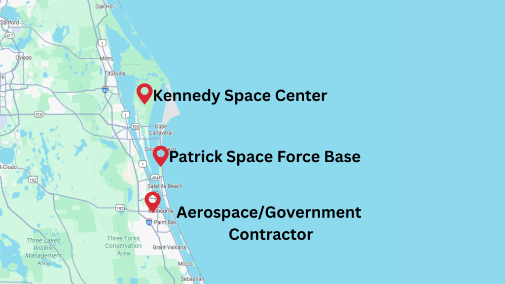 map of brevard showing the kennedy space center, patrick space force base, and the Melbourne airport